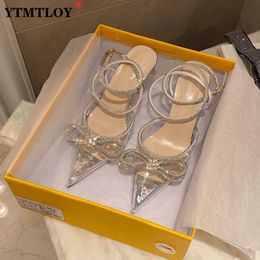 Sandals Spring/autumn Women's Shoes Fashion Butterfly-knot Narrow Band Bling Patchwork Cross-tied Crystal Pointed Toe Pumps 230417