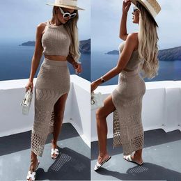 Work Dresses Sexy Top Skirts Sets Two Piece Set Round Neck Elegant Sleeveless Vest Pullover Hollow Out Outfits Split Dress Ladies Bohemian