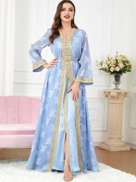 Ethnic Clothing Ramadan Muslim Fashion Two-piece Gown Turkish Abaya Arab Islamic Woman Morocco Kaftan Embroidered Chiffon Party Dress