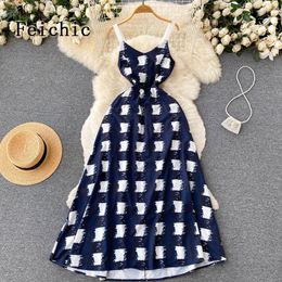 Casual Dresses Feichic Summer Women's 2023 Holiday Sexy Sling Plaid Bow Elegant Midi Dress Designer Clothing Vestidos Vintage Bohemia