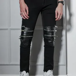 Men's Jeans Spring And Autumn Nightclub Hip-hop High Street Style Slim Zipper PU Sutured Black Casual Pants Trend