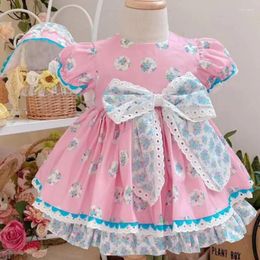 Girl Dresses 2023 Summer Baby Vintage Spanish Printed Princess Dress Kids Puff Sleeve Bow Stitching Ball Gown Party