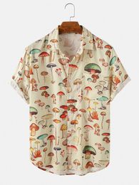 Men's Casual Shirts 2023 Summer Men Hawaiian Lapel Chest Pocket Short Sleeve Colourful Element Mushroom Pattern Print Button Up Shirt 230420