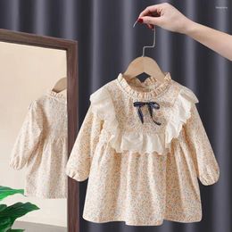 Girl Dresses Korean Style Spring Autumn Baby Girls Princess Yellow Orange Flower Print White Lacy Border Bowknot Decorated Dress