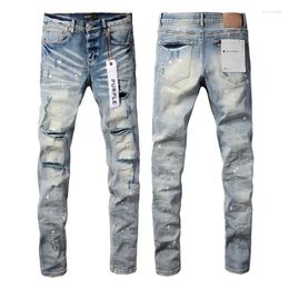 Jeans da uomo di alta qualità blu viola marca con etichette per uomo Street Denim Slim Paint Graffiti Pattern pantaloni strappati elasticizzati con foro danneggiato