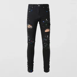 Men's Jeans Fashion Streetwear Men Black Colour Elastic Slim Fit Painted Designer Ripped Patched Hip Hop Brand Pants Hombre