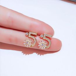 Stud Earrings Luxury Famous Design Flower Number 5 Female Rhinestone Exquisite Party Earring