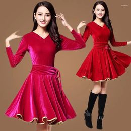 Stage Wear Autumn Winter Square Dance Clothing Long Sleeve Skate Dress Ballroom Adult High-end Velvet Rave Led Girl Costume Latin Skirt