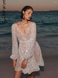 Casual Dresses Sexy See Through Sequin Beaded Short Dress Women V-neck Long Sleeve Backless Slim Fashion Female Vacation Beach Vestidos