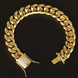 18K Gold Plated Stainless Steel Miami Cuban Link Bracelet Chain With Lad Diamond Clasp