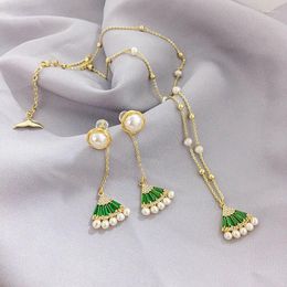 Necklace Earrings Set E Natural Freshwater Pearl Ear Studs Style Emerald Zircon