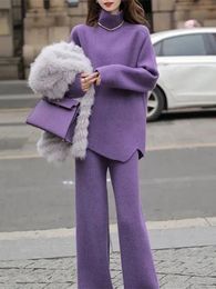 Womens Two Piece Pants Purple Sweater Set Autumn and Winter Fashion Turtle Neck Knitted Flower Elastic Waist 231120