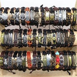 Bangle Wholesale 50pcs/Lot Leather Metal Charm Bracelets For Men Vintage Wrist Cuff Bracelets For Women Gifts Jewelry Mix Style 231118