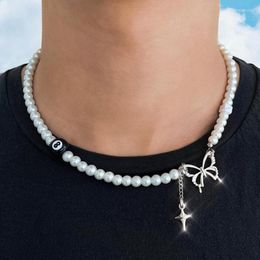 Chains Pearl Necklace For Men Butterfly Bead Teenage Boys Grunge Punk Korean Fashion Jewellery Simple Handmade