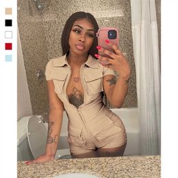 Women's Jumpsuits Rompers Women Solid Cargo Playsuits 2023 Summer Turn Down Collar Short Sleeve Zip Up Multi Pockets Shorts Jumpsuit Fashion Casual Romper P230419