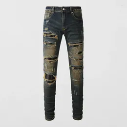 Men's Jeans Street Fashion Men Retro Washed Black Blue Stretch Skinny Ripped Leather Patched Designer Hip Hop Brand Pants