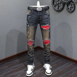 Men's Jeans High Street Fashion Men Retro Black Blue Stretch Skinny Fit Ripped Red Patched Designer Hip Hop Brand PantS