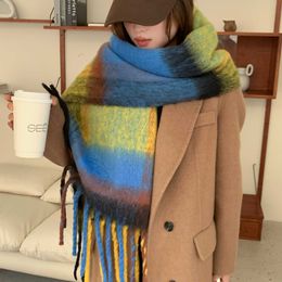 Korean winter color matching lazy rainbow mohair thickened warm scarf with long tassels for student couples 231015