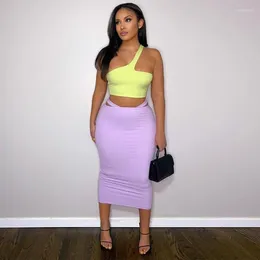 Work Dresses WUHE Sexy 2 Piece Set One Shoulder Crop Top And Long Purple Skirt Women 2023 Summer Dress Sets Club Party Outfits
