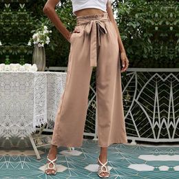 Women's Pants 2023 Summer Casual Women High Waisted With Belt Loose Straight Leg Palazzo Ankle Length Trousers Streetwear