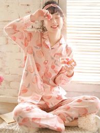 Women's Sleepwear Long Sleeve Pyjamas Set For Women Cotton 2Pcs Nightwear Cute Peach Print Homewear Autumn Lounge Pyjamas