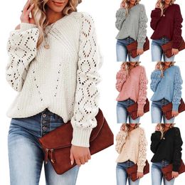 Women's Sweaters Womens Crewneck Crochet Lace Long Sleeve Hollow Out Cable Knit Pullover Tops