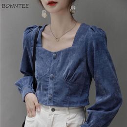 Women's Blouses & Shirts Women Long Sleeve Tops Square Collar Temperament Solid All-match Ins College Vintage Corduroy Blusas Mujer Design C