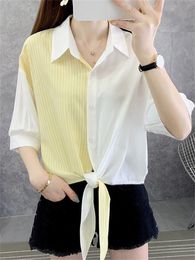 Women's Blouses & Shirts Solid Color Patchwork Asymmetrical Turn-down Collar Half Sleeve Button Casual Fashion Summer ClothingWo