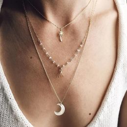 Pendant Necklaces Boho Gold Colour Coconut Tree Crescent Moon Star Necklace For Women Fashion Crystal Multi Layered Choker