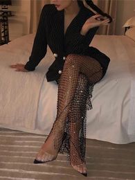 Women's Pants Fantoye New Crystal Diamond Shiny Women's Summer Sexy Hollow Elastic Fish Net Trousers Fashion See Through Beachwear 2022 231120