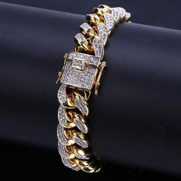 18k Gold White Gold Iced Out CZ Zirconia Miami Cuban Link Chain Bracelet 10 14 18mm Rapper Hip Hop Curb Jewelry Gifts for Boys Who308S