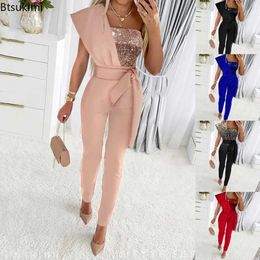 Women's Jumpsuits Rompers 2023 Spring Autumn Sexy Jumpsuit Women Sequins Patchwork Short Sleeve Slim Bodycon Outfits Lady Elegant One Piece Party Overalls P230419