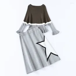 Work Dresses Knitted Three Quarter Batwing Sleeve Star Pattern Patchwork Colors Pullovers Sweater And Knee-length Skirts Suits Women Sets