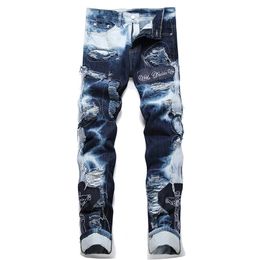 High Street Ripped Patch Men's Jeans Winter Punk Style Embroidery Motorcycle Denim Pants Trendy Blue Slim Streetwear