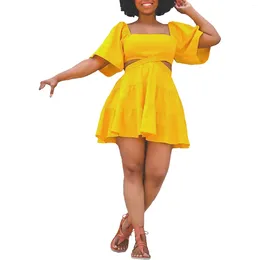 Casual Dresses Yellow Women's Dress Summer Square Collar Hollow Out Ruffle Flare Short Sleeve High Waist Party A Line Robe