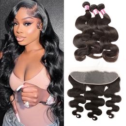 Bundles und Frontal Body Wave Bundles mit 13 x 4 Ear to Ear Frontal 3 Bundles mit Lace Frontal 100 % brasilianisches Echthaar-Webart, natürliche Farbe Greatremy SALE