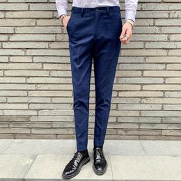 Men's Suits Mens Plaid Dress Pants Flat-Front Skinny Windowpane Blue Prom Trousers Men Slim Fit Casual Work Solid Pant