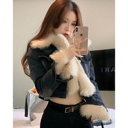 Womens Jackets GIDYQ Spliced Work Fur Neckline Denim Jacket Y2K Street Clothing Motorcycle Short Sleeve Retro Long Casual Coat 231118