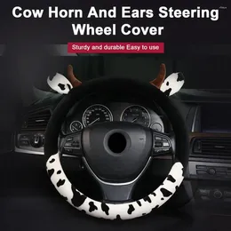 Steering Wheel Covers Plush Cover 15 Inch Cow Print Car With Horns Ears For Women Anti Slip Sweat Absorption