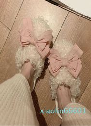 Women Faux Wool Fur Slippers At Home Indoor Women Winter Slippers Cute Bow White Fluffy Slippers For Girls Bedroom Sleeper Shoes H5629313