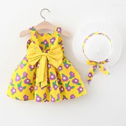 Girl Dresses 2Piece Summer Outfit Infant Baby Princess Beach Dress Sunhat Cute Bow Print Cotton Sleeveless Children Clothing Suit