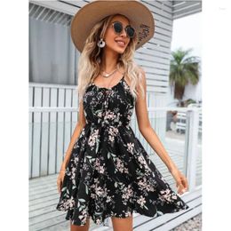 Casual Dresses 2023 Summer Commute Versatile Halter Lace-up Short Dress Printed Mid Waist Floral Printing Slip