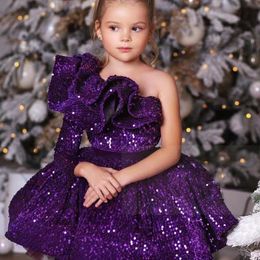 New Shiny Flower Girl Dress Bling Formal Ocn Bridesmaid Party Wedding Pageant Birthday Photoshoot Christma Tutu One Shoulder Long Sleeve Ball Gown Robe 403