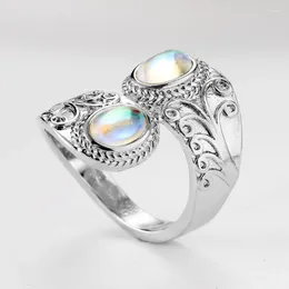 Cluster Rings Colourful Moonstone Ring Women's Exaggerated And Carved Punk Style 925 Silver Retro