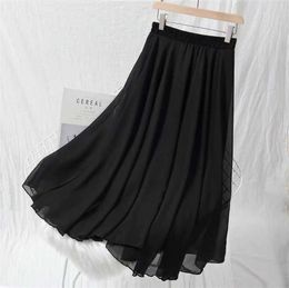 Skirts Spring Autumn Fashion Women' High Waist Pleated Skirt Lady Black Pink red yellow long chiffon maxi skirts vestidos P230420