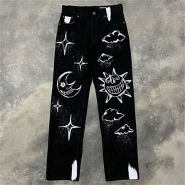 Men's Jeans Harajuku Style Street American Star Print Black Loose Hiphop Wideleg Sports Pants Casual Trend Straight Long 230419