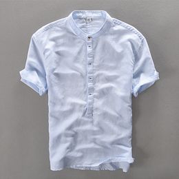 Men's Casual Shirts New Mixed cotton linen brand shirts men summer blue shirt for men short-sleeved casual shirts male tops breathable shirt male 230420