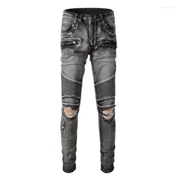 Men's Jeans High Street Fashion Retro Elastic Slim Fit Destroyed Ripped Biker Pants Men Pleated Patch Hip Hop Streetwear