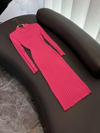 Autumn Black / Hot Pink Solid Colour Knitted Dress Long Sleeve Stand Collar Buttons Midi Casual Dresses O3O071432