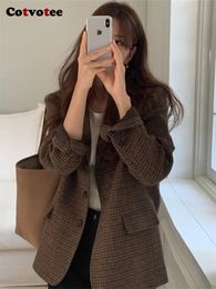 Womens Jackets Cotvotee Houndstooth Blazer Fashion Office Long Sleeve Wool Coat Vintage Notched Button Loose Jacket 231120